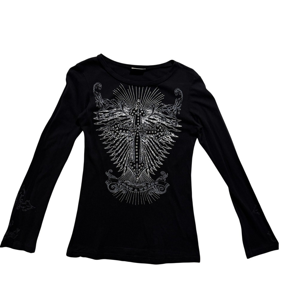 Vocal Black Rhinestone Cross Graphic Long Sleeve Top USA Size Small Y2K - Picture 3 of 6